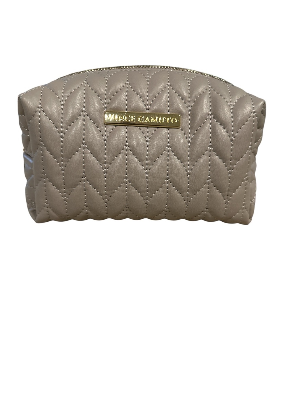 Vince Camuto Quilted Cosmetic Pouch - Beige Taupe with Gold Logo